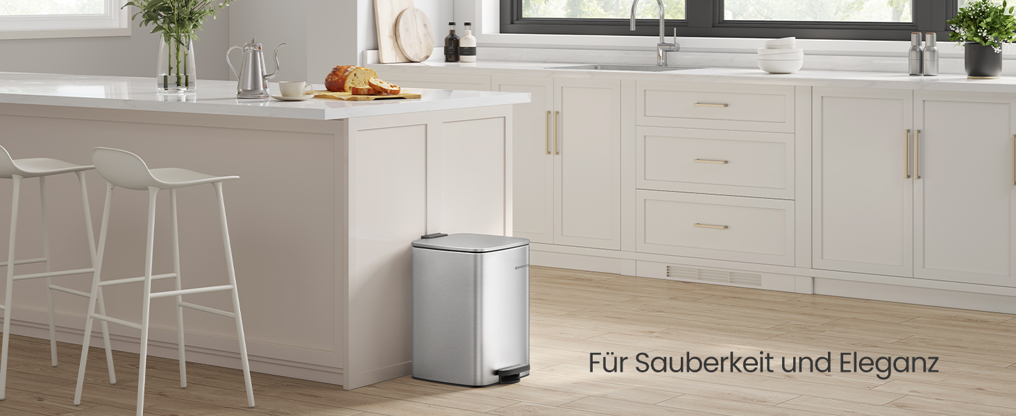 Відро для сміття SONGMICS 20 л з педаллю, сталеве, з внутрішнім відром, Soft-Close, металік срібло