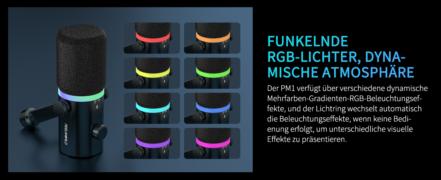 FEELWORLD PM1 Динамічний мікрофон XLR/USB з RGB-підсвічуванням для запису подкастів, геймінгу та YouTube. Комплект з підсвічуванням, навушником, підставкою та XLR-кабелем