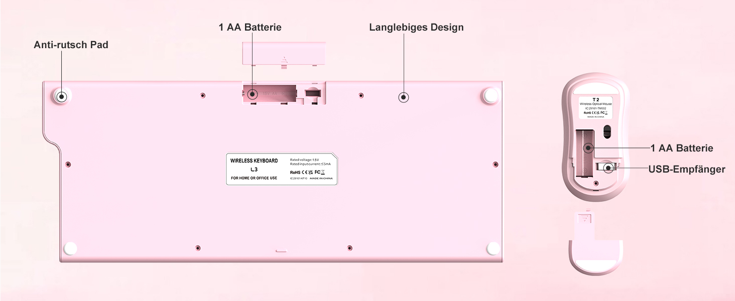 Ігрова клавіатура та миша RaceGT з RGB підсвічуванням, 104 клавіші, вологостійка, 7 кнопок миші 6400 DPI, QWERTZ (DE-Layout), рожевий колір