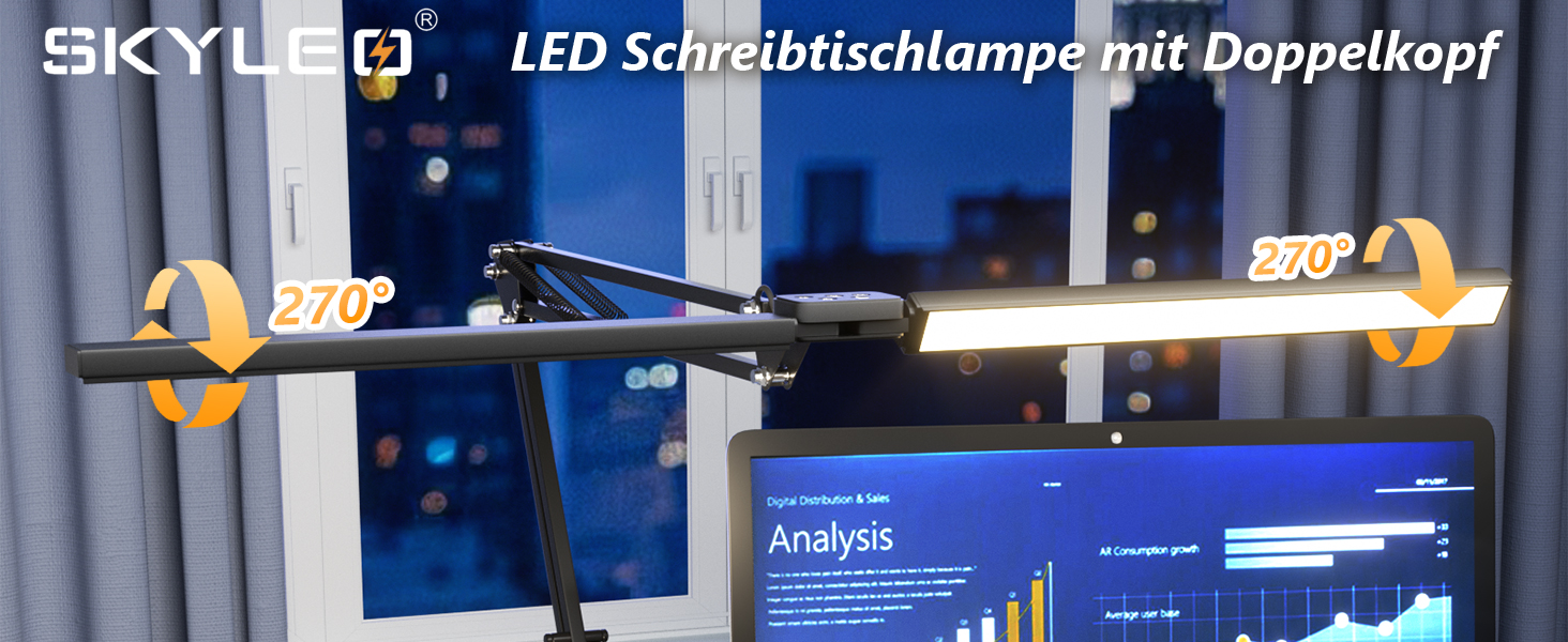 SKYLEO LED Desk Lamp with Dual Head, Remote Control, Clamp-On, 2400 Lumens, 24W, 5 Color Temperature Modes, Timer & Memory, Easy Install - for Office, Reading - Black, 76cm
