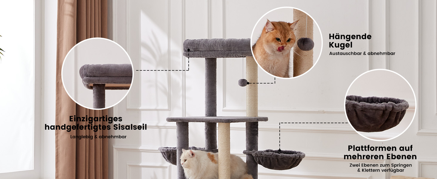 Кліматизатор для котів Гарднер Пет Катценбаум, великий, 165 см. Кліматизатор, ігровий комплекс з подвійними кошиками, стійками для дряпання, платформою та печерею. Компактні меблі для котів у квартиру, бежевий L (59 x 48 x 165 см)