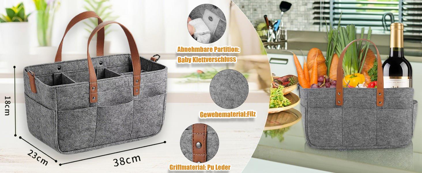 Фетрова сумка-кошик, 16л, з відділеннями, складана, міцна, сіра, 38x23x18 см. Ідеальна для пікніків, покупок та транспортування дров.