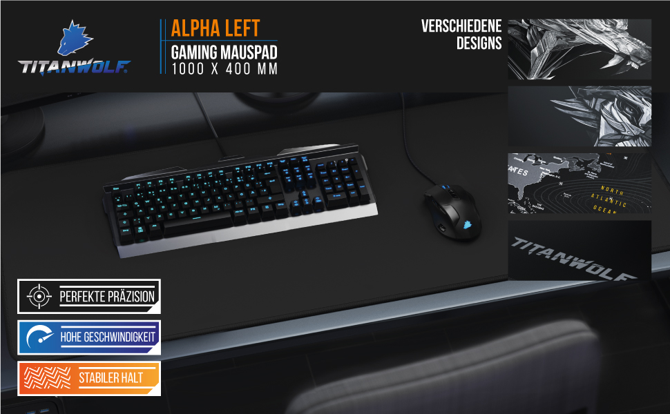 Килимок для миші TITANWOLF XXL Чорний 900 x 400 мм - великий килимок для геймінгу, покращена точність та швидкість