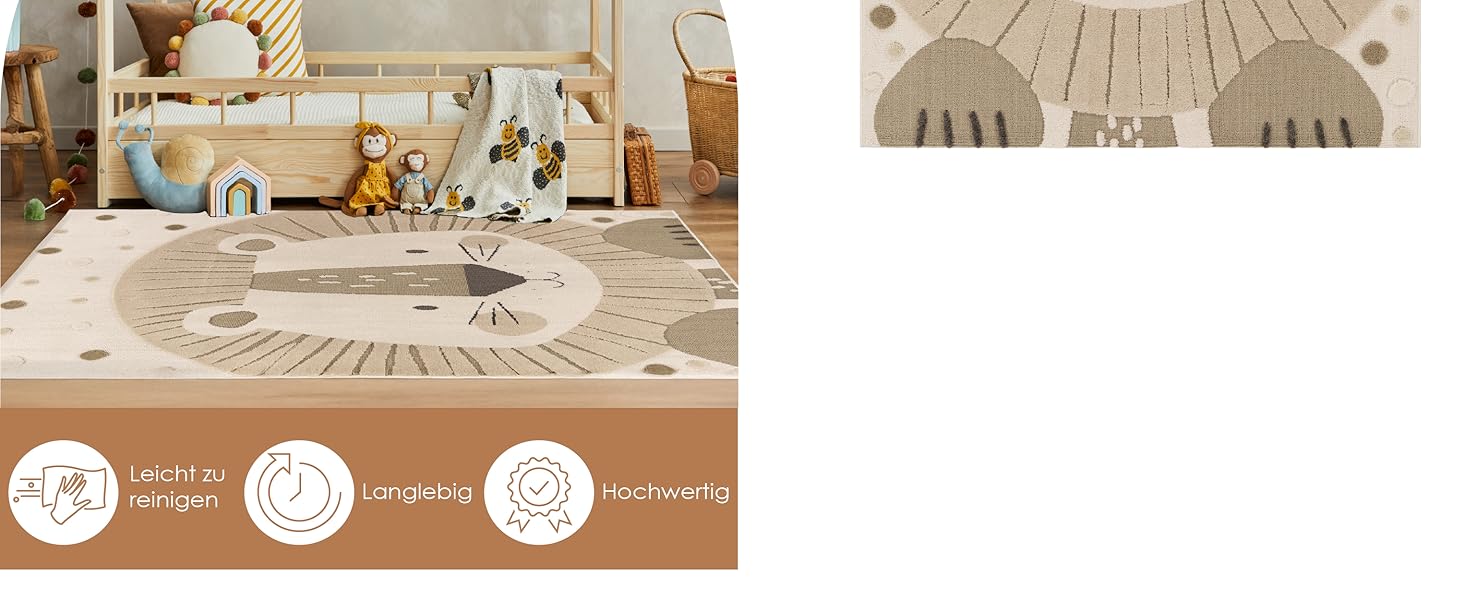 Дитячий килим Paco Home Kinderteppich 80x150 см, бежевий з левом, 3D ефект, м'який, гіпоалергенний, для дитячої кімнати