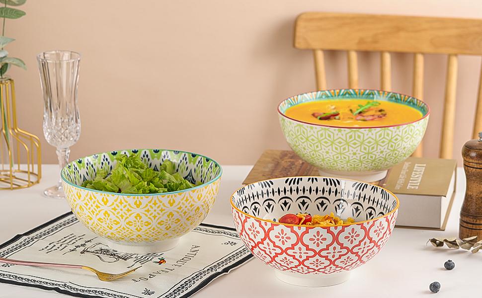 Набір салатників/мисок для супу та пасти з порцеляни, 1.45 л, 3 шт. - Кольорові сервіровочні миски 20 см, підходить для мікрохвильовки та миття в посудомийній машині