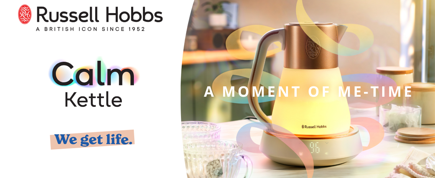 Електричний чайник Russell Hobbs зі скла 1,7 л з регулюванням температури 40-100°C, LED-підсвіткою, тихою технологією кип'ятіння, функцією підтримки тепла, цифровим дисплеєм, сенсорним управлінням, 2400 Вт, модель Calm 27450-70