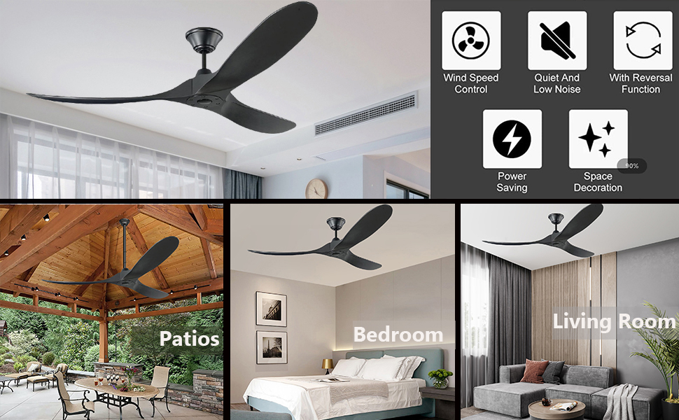 Чорний стельовий вентилятор з дерева (132 см) з пультом керування, тихий, для вологого приміщення