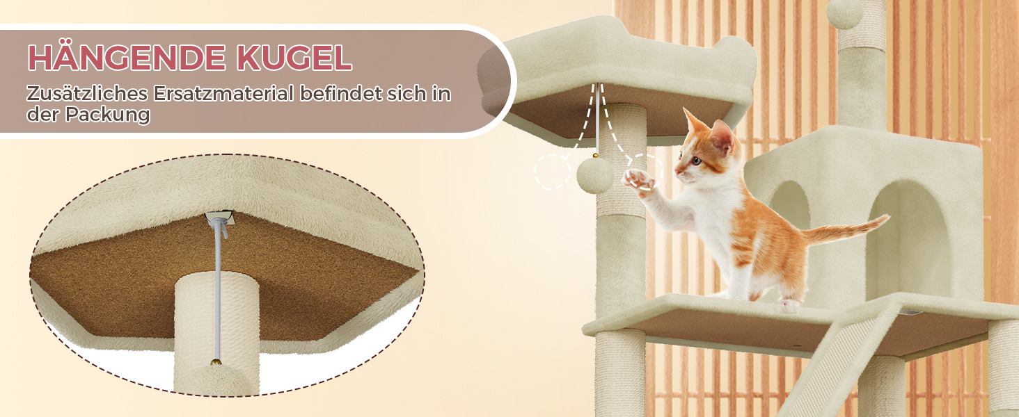 Великий котячий будиночок Kratzbaum 208 см з 3 анти-перекидною системою. Стабільний котячий будиночок XXL з 15 стовпчиками для дряпання, 2 платформами, 2 печерами, 1 рампою для дряпання та гамаком. Для великих котів (Бежевий)