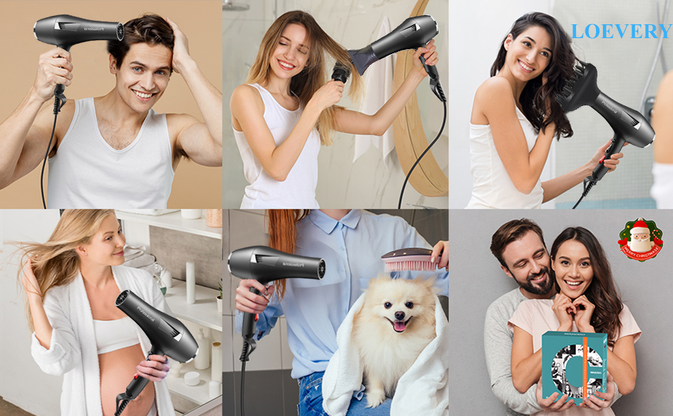 Іонний фен LOEVERY з потужним AC мотором 2400W, дифузором та 3 насадками, для професійного та домашнього використання, чорний