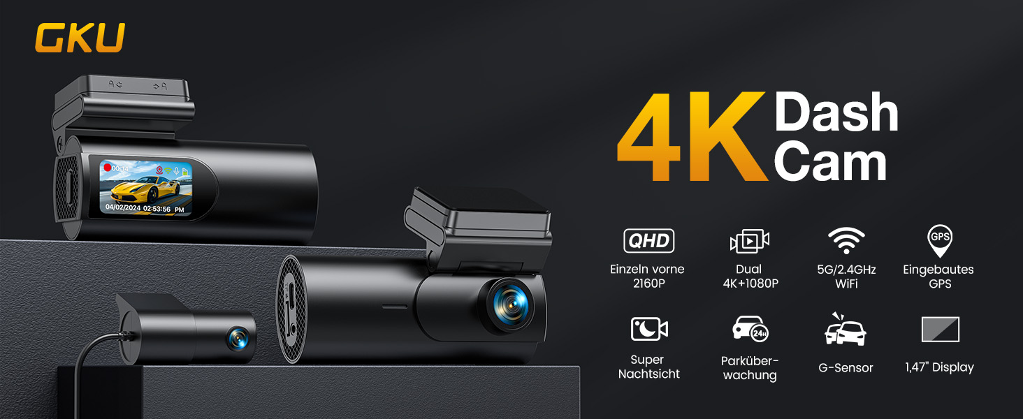 Відеореєстратор GKU 4K Dual з GPS, WiFi, ParkSurv, Нічне Бачення, WDR, 170° та G-Sensor. В комплекті SD-карта 64GB. Чорний
