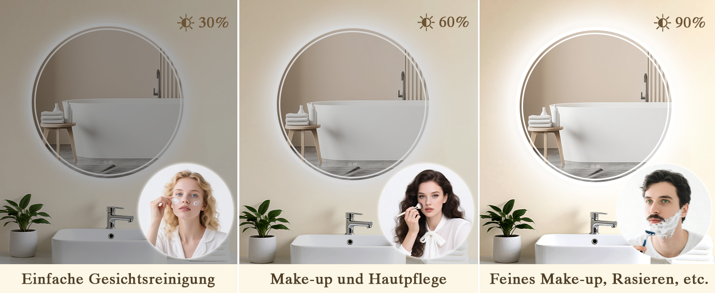 Дзеркало для ванної кімнати з підсвічуванням LED, антизапар, сенсорне управління, регулювання яскравості, 3 кольори світла, функція пам'яті, захист від вибуху, кругле дзеркало 50 см