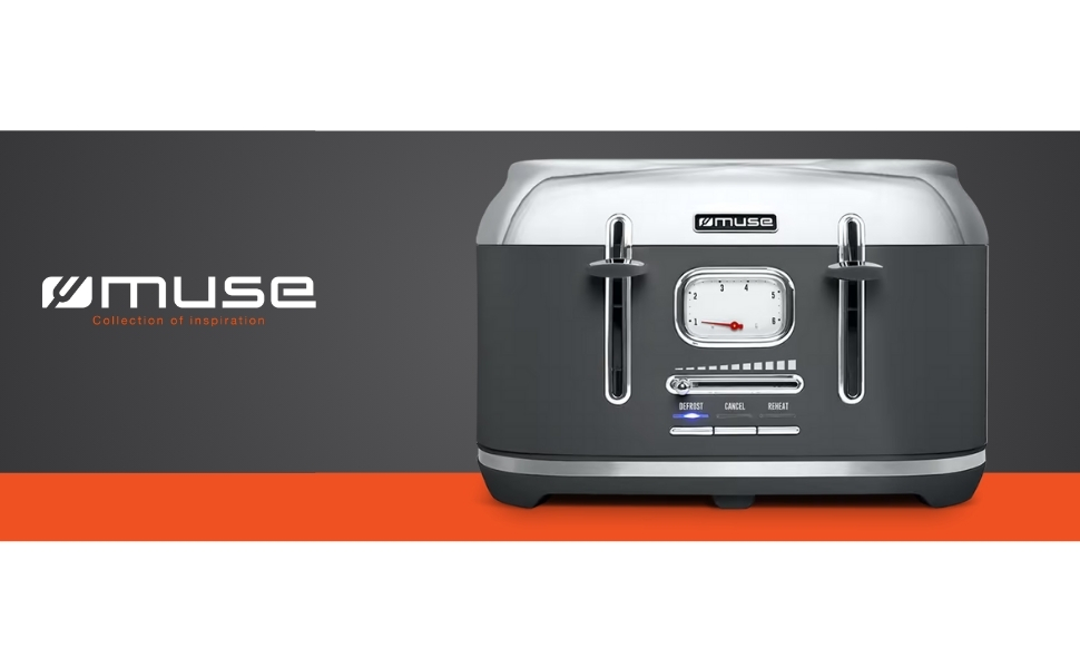 Тостер Muse MS-131 BC із нержавіючої сталі, ретро-дизайн, 4-х місний, 6 рівнів підсмажування, з підсвічуванням, з шухлядою для крихт (сірий)