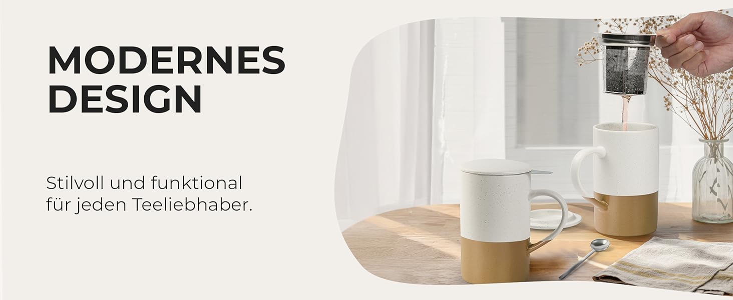 Набір чайних чашок Miamio 2 x 500 мл з кришкою та ситом, керамічні чашки з чайним ситечком та ложкою для заварювання листового чаю, подарунок для жінок, підходить для мікрохвильової печі та посудомийної машини (колір: коричневий)