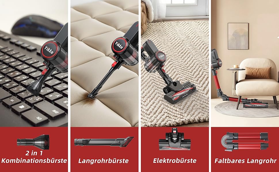 Yikko 3-в-1, пилосос 60KPa з потужним кабелем, електрична підміталка з гнучким шлангом, пилосос з LED-підсвічуванням, ідеально підходить для килимів/підлоги/волосся (Червоний-60)