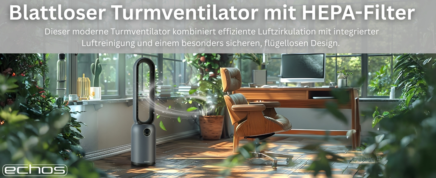 Вентилятор підлоговий Echos Turmventilator з пультом, HEPA-фільтром, таймером 24 год, тихий, енергоефективний