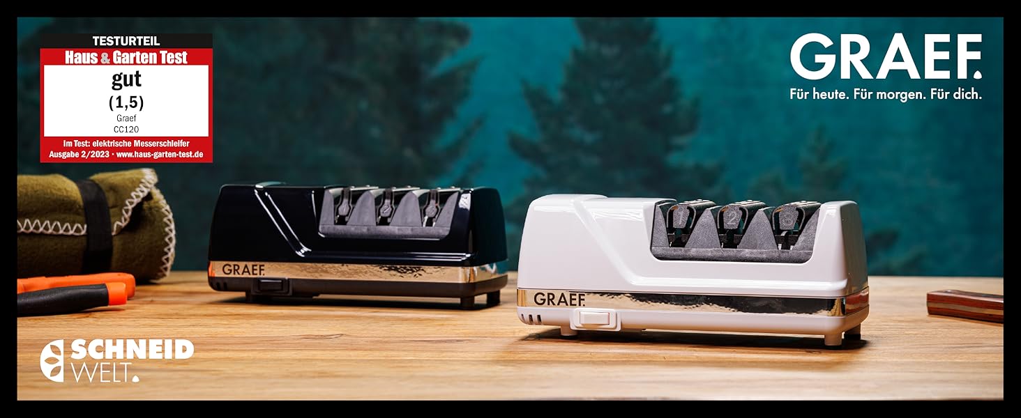 Електричний точило для ножів GRAEF CC120 з 3 ступенями, 20° кут заточування, алмазне покриття, для кухонних, мисливських, професійних та зубчастих ножів