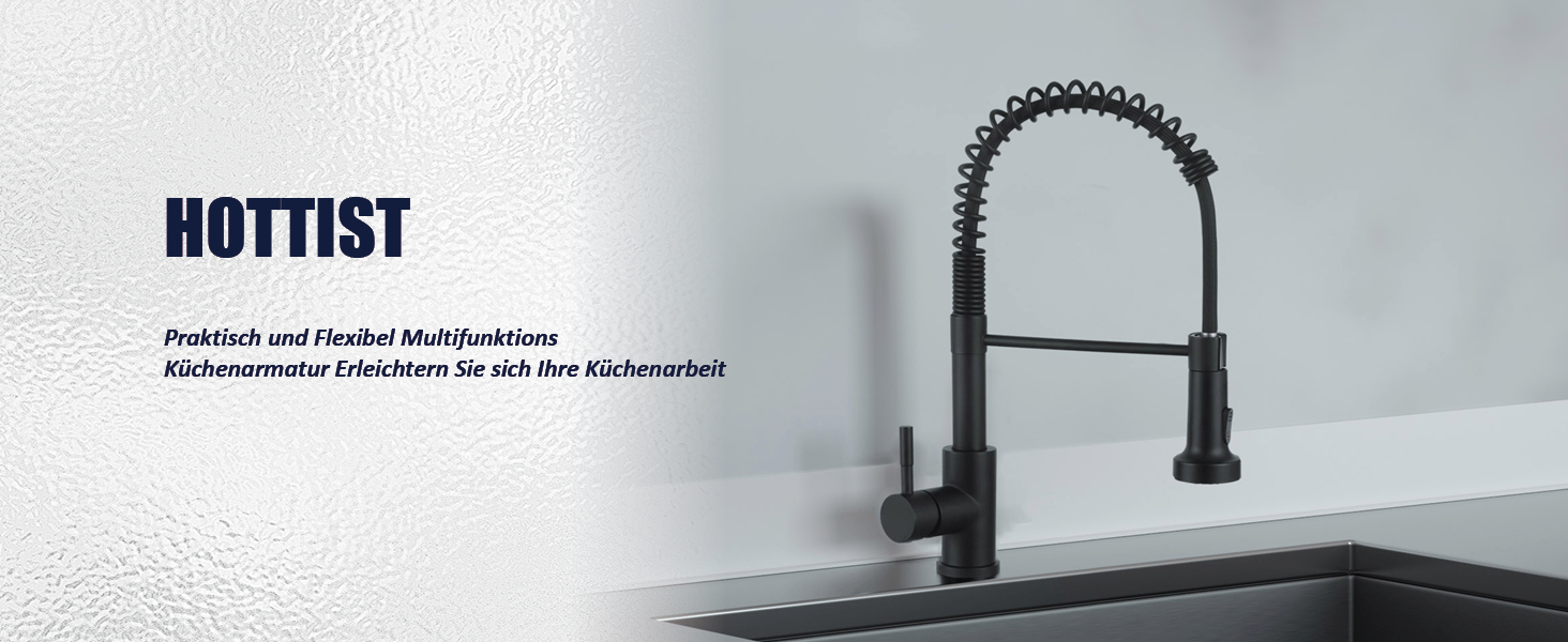 Чорний кухонний змішувач з висувною лійкою, високий поворотний вигин, 360° оберт, 2 режими розпилення, шланговий вилив, нержавіюча сталь, матовий чорний