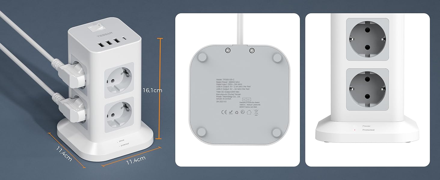 Багатофункціональна мережа TESSAN з 8 розеток, USB-C, захистом від перенапруги, вимикачем, 2 м кабелем, 3600W (сірий/білий)