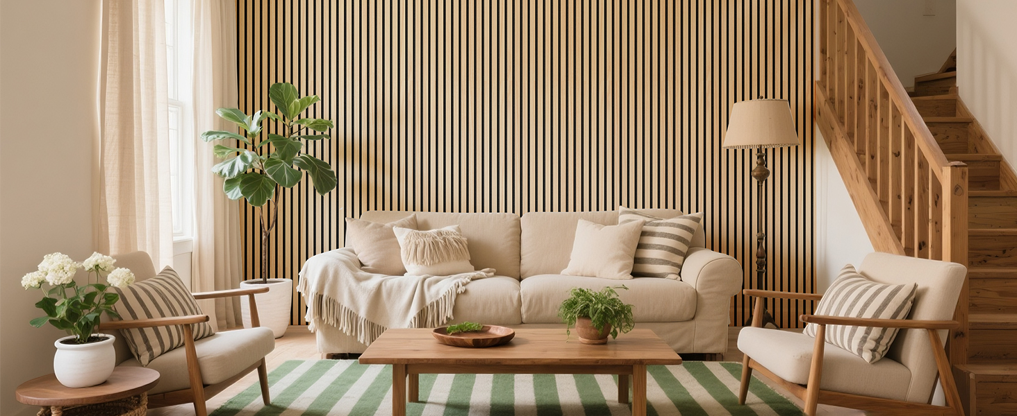 Акустичні панелі з натурального шпона дуба, самоклеючі (набір 2 шт, 100x52 см) для шумоізоляції та декору стін у вітальні, офісі та спальні