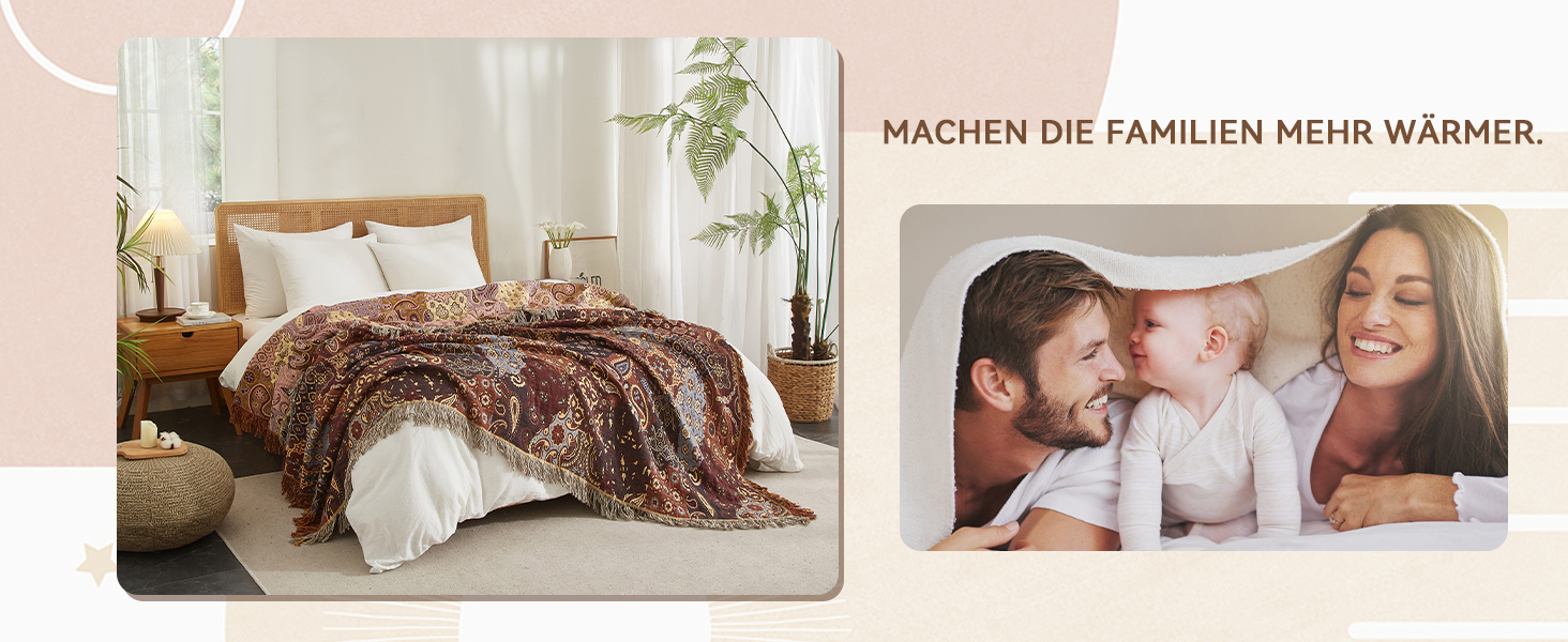 Плед Boho Softexly з 100% бавовни – двосторонній мусліновий плед 150x200 см, м'який плед на диван та ковдра на ліжко, естетичний дизайн, ідеально для вітальні та спальні, помаранчево/блакитний (150 x 200 см, візерунок Пайслі)