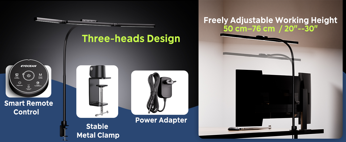 Настільна лампа для робочого столу з 3 джерелами світла, 24W, 100см, денне світло, з пультом дистанційного керування, регульована яскравість, лампа для монітора, модель «Лебідь», матовий чорний колір