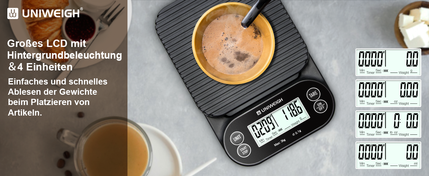 Ваги для кави UNIWEIGH з таймером 3кг/0,1г: високоточні ваги для еспресо з таймером, функцією Tara та LCD дисплеєм (батарейки в комплекті)