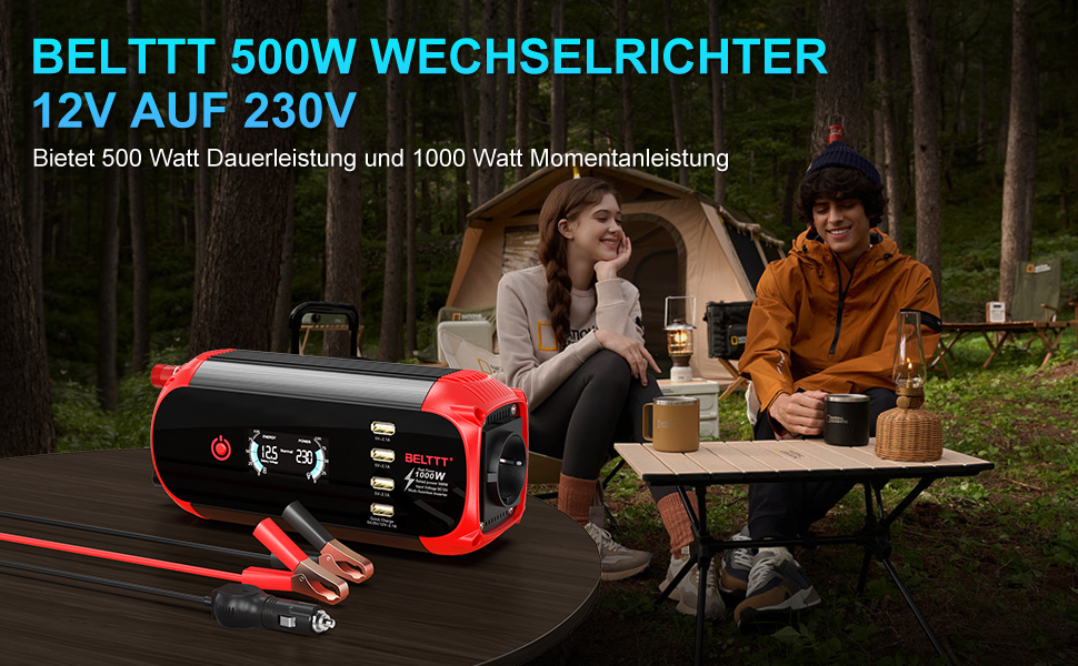 Автомобільний інвертор BELTTT 500W 12В-230В, 1000Вт пік, з LCD-дисплеєм, 4 USB, розетка EU для авто, кемпінгу, човна