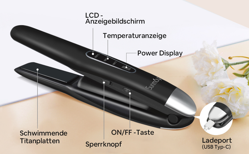 SUNMAY Voga: Бездротове праска для волосся 2-в-1 (праска та плойка), USB, 5000mAh, чорний