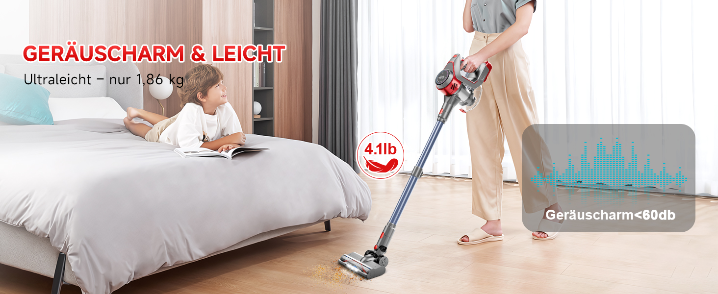 Бездротовий акумуляторний пилосос 45000 Па – 45 хв роботи, тихий (<65 дБ), LED-дисплей, 8-в-1 бездротовий пилосос з антизаплутаною насадкою та HEPA-фільтром – для шерсті тварин, килимів, твердих підлог та алергіків, червоний