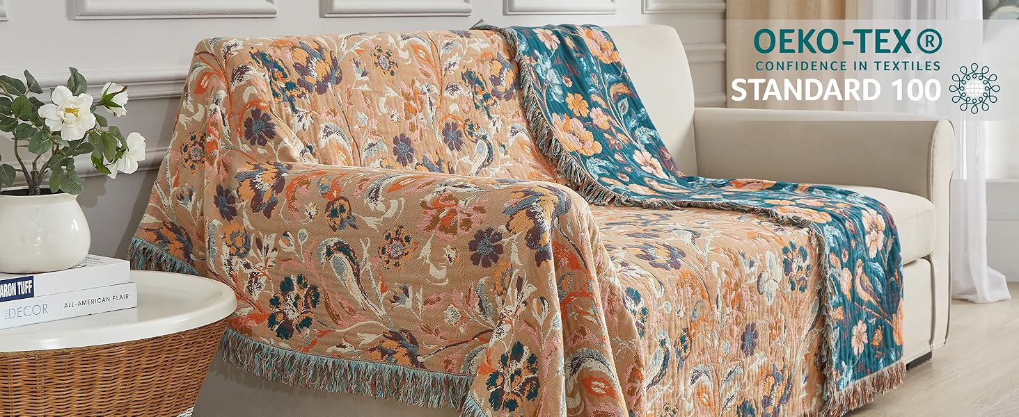 Богемна ковдра Boho 150x200 см з 100% бавовни, двостороння муслінова ковдра, плед для дивану та ліжка, patchwork, літня ковдра для вітальні, зелено-бежева (230x250 см, квіти та птахи)