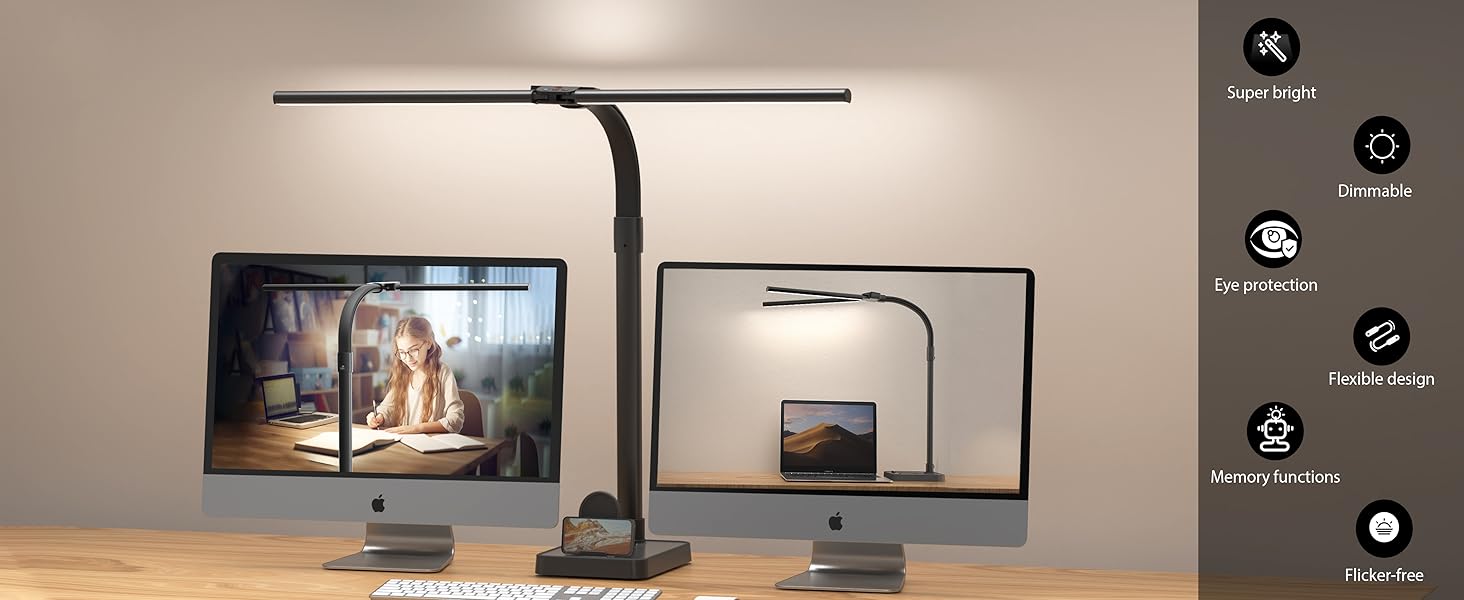 Світлодіодна лампа для столу Doppelkopf з регулюванням яскравості, 24W, 80см, для дому/офісу, денне світло, лампа для столу з шийкою-лебедем (чорна, з підставкою для телефону)