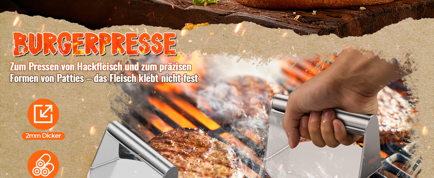 Набір для приготування бургерів Warmodern 3-TLG з нержавіючої сталі: прес 14 см, дзвоник, лопатка | Професійний аксесуар для гриля
