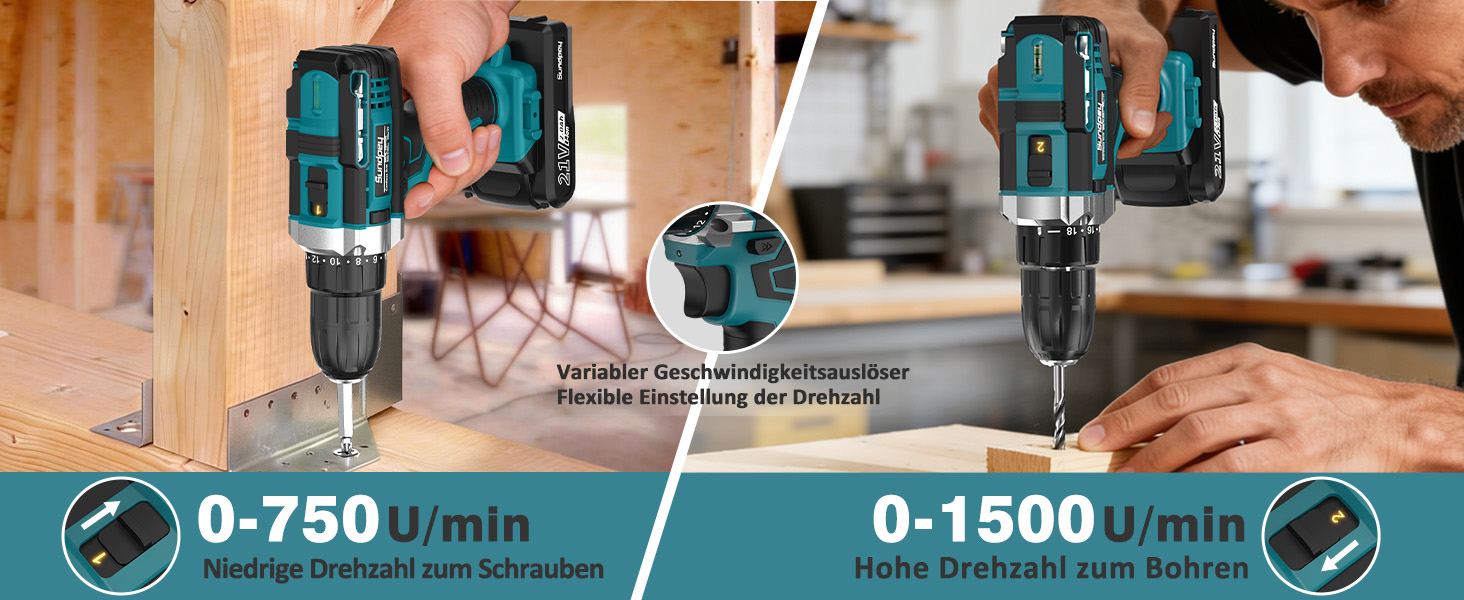 Акумуляторний шуруповерт Sundpey Set з 2 акумуляторами 2.0Ah, 21V, 1500 об/хв, 45Nm, 18+1 режим, LED-підсвічування, для ремонту та DIY