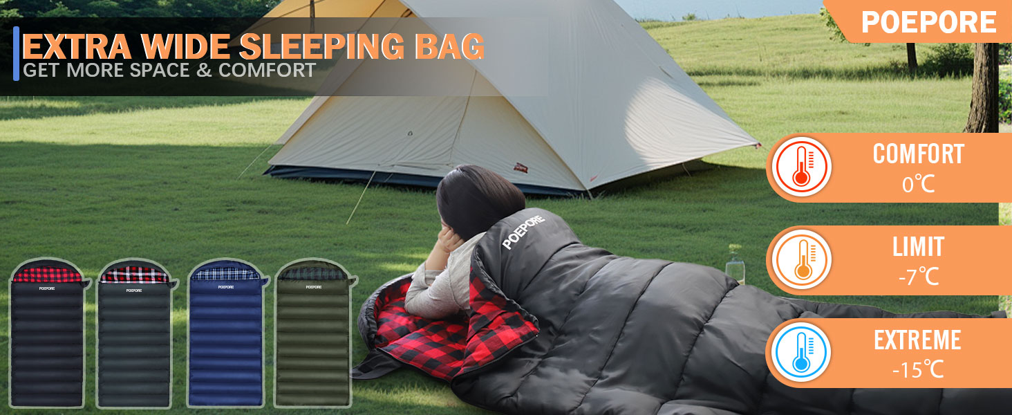 Спальний мішок Poepore Outdoor Winter для дорослих, Extra Wide, 3-4 сезони, XXL, теплий, бавовна, фланель, для кемпінгу, походів, пригод, 230*100 см, 0°C (Червоний, -6°C)