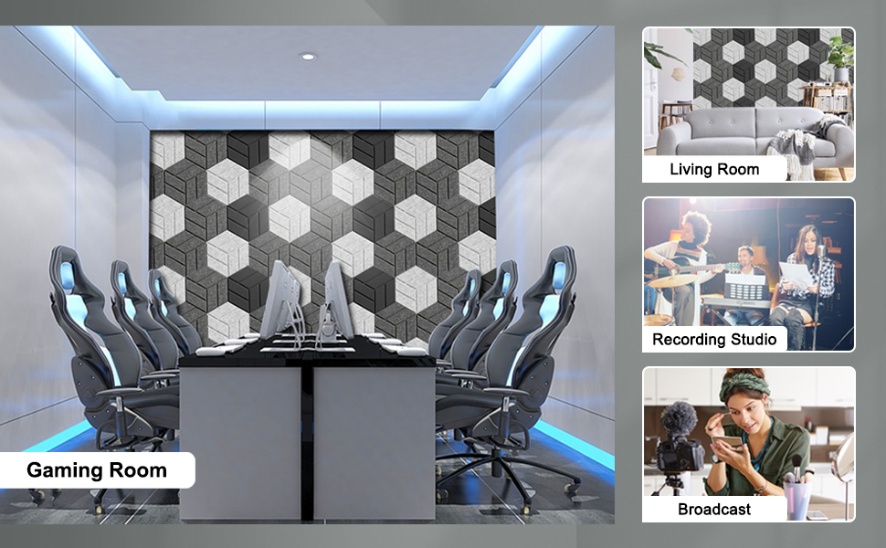 Акустичні гексагонні панелі самоклеючі, звукопоглинаючий пінопласт для стін у студію, офіс та ігрову кімнату, сірі (30x26x0.9 см), 12 шт.