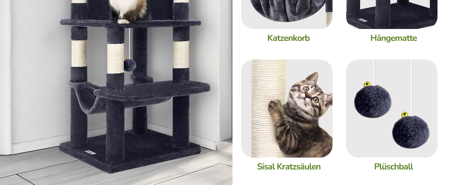 Драбина для котів Globlazer велика, стабільна кутова з великим будиночком для котів, 90° сектор, м'яка платформа, гамак, кошик, висота 130 см, для великих котів (C51), XL, темно-сірий