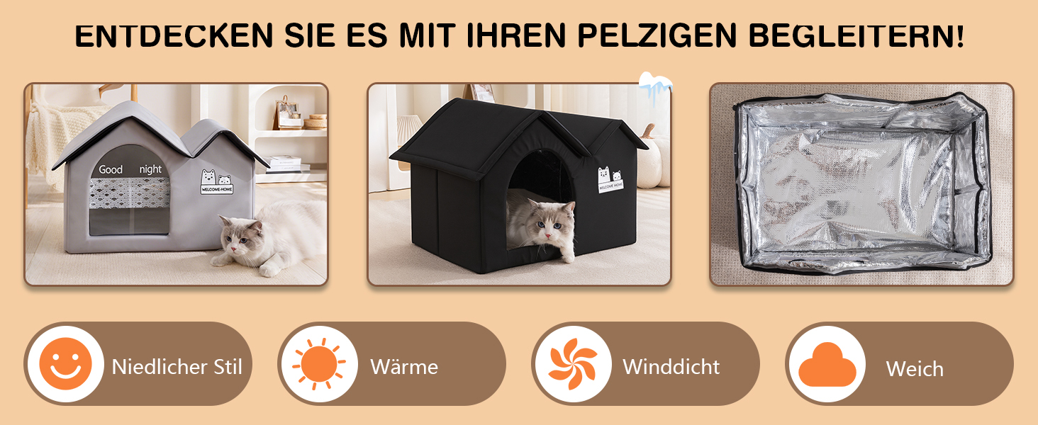 Зручне котяче будиночок ALLSOPETS для вулиці: водонепроникне собаче житло, тепле ізольоване притулок для тварин з подвійним дахом (чорний)