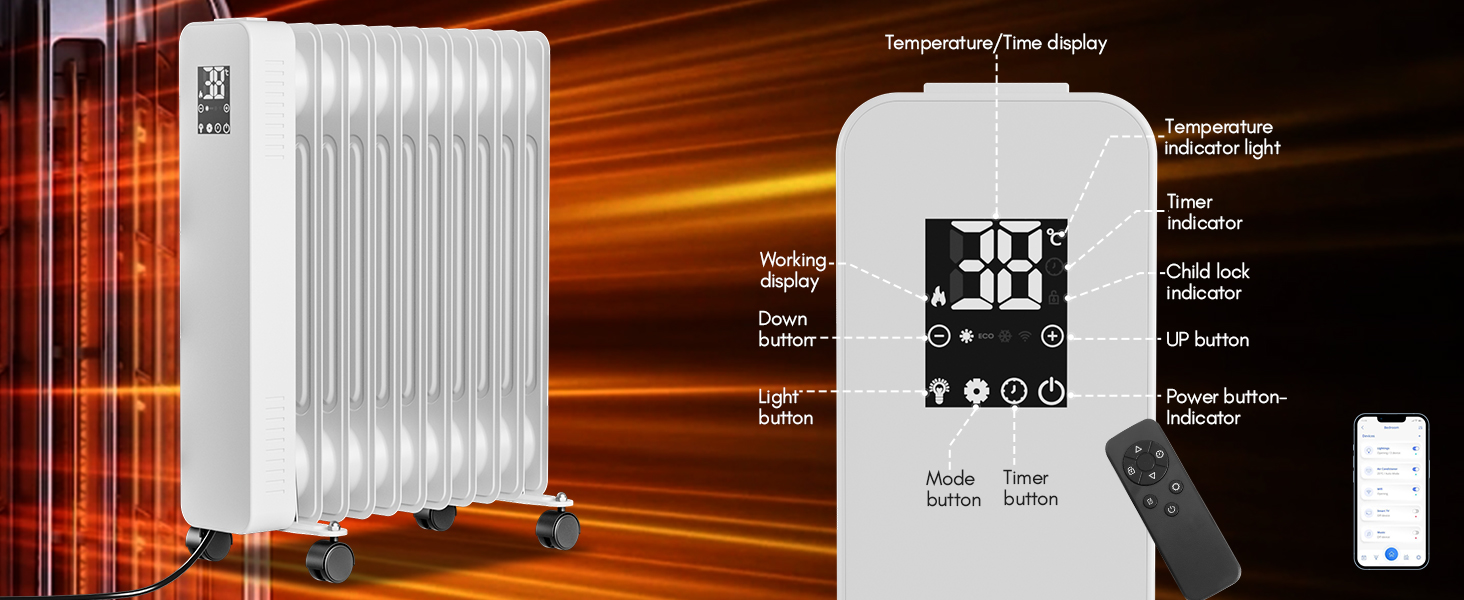 Електричний конвектор Daromigo 2000W з термостатом та Wi-Fi, IP24, настінний, інфрачервоний, чорний, енергозберігаючий