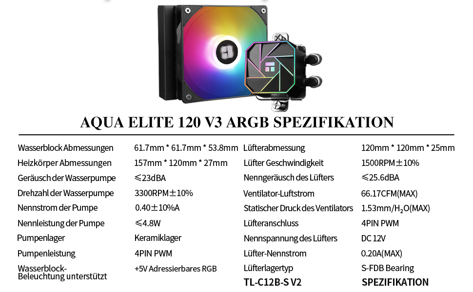 Thermalright AQUA ELITE 120 V3: Рідинний кулер для CPU з помпою та вентилятором TL-C12B-S V2 (PWM), сумісний з AMD/Intel