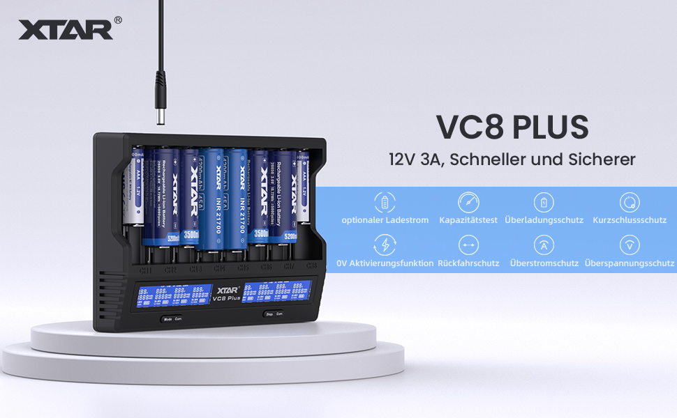 Зарядний пристрій Xtar VC8 Plus для 8 акумуляторів Li-Ion та NiMH з LCD-дисплеєм, EU