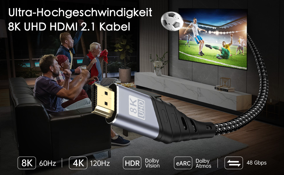 HDMI 2.1 кабель TEFLOTY: 8K, 48Gbps, Ultra Highspeed, підтримка 8K@60Hz, 4K@120Hz, eARC, HDCP 2.2/2.3, DTS:X, Dolby Atmos, сумісний з HDTV, PS5/4/3, Xbox Series X/S, моніторами
