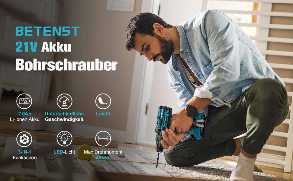 Акумуляторний шуруповерт BETENST 21V з 2 акумуляторами 2.0Ah, 42Nm, 25+3 ступені крутного моменту, 2 швидкості, LED-ліхтар, 30-ти елементний набір для дому та саду, DIY проєкти, блакитний