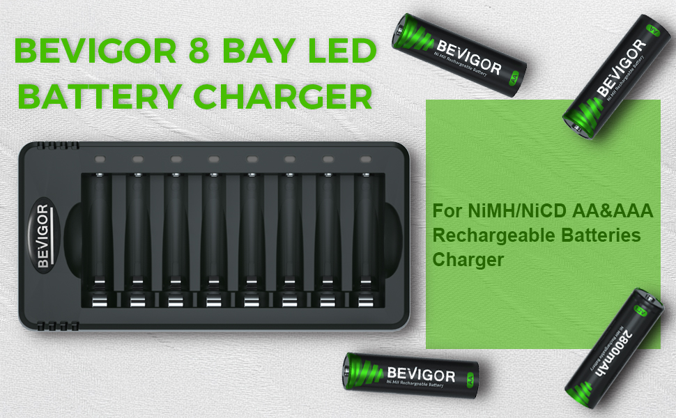 Акумулятори AA NI-MH Bevigor, 8 шт. з зарядним пристроєм на 8 позицій. Комплект для швидкої зарядки