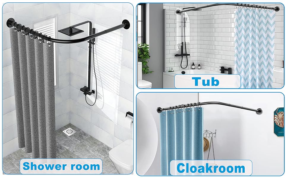 Штанга для душу, штанга для завіси для душу L-подібної форми, розширювана штанга з нержавіючої сталі 304 для ванної кімнати, без свердління (90-130см x 90-130см, Чорний)
