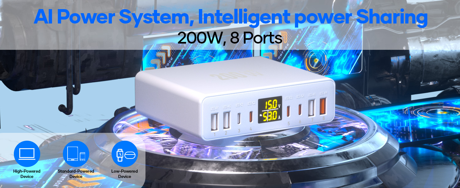 Зарядний пристрій USB-C багатопортовий 8 портів 200W GAN YSYFAD з LED індикатором, PD PPS Type-C, QC3.0, швидка зарядка для iPhone, iPad, MacBook, ноутбуків, білий