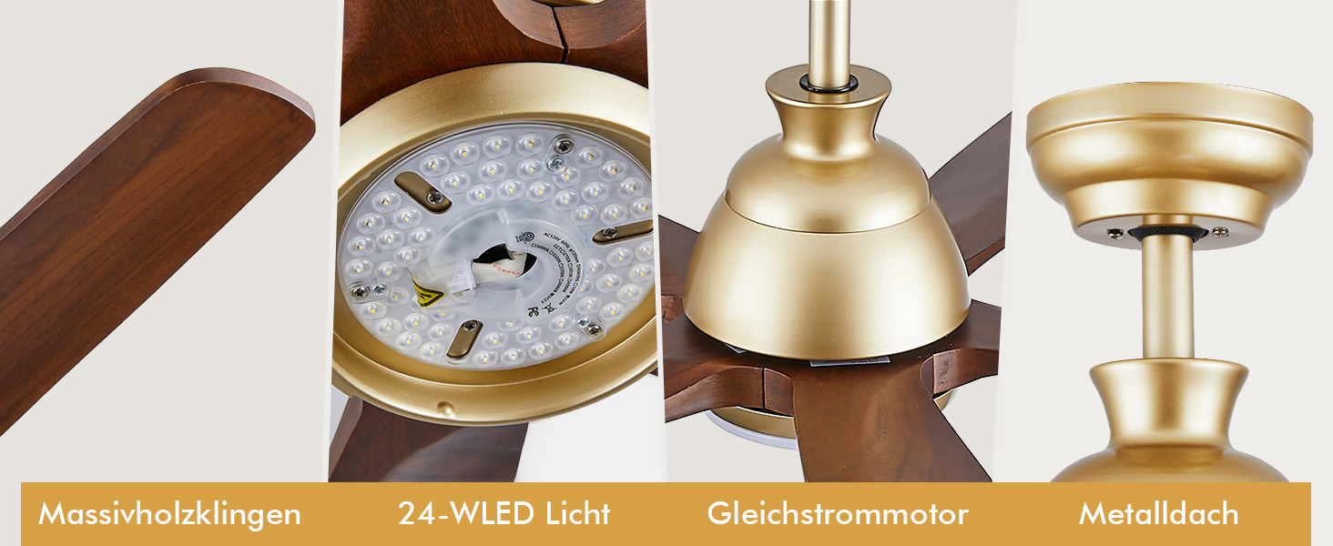 Дзеркальний вентилятор для стелі з дерева, без освітлення, з пультом керування, тихий, для вологого приміщення, 132 см (52 дюйми), коричневий, 5 лопатей