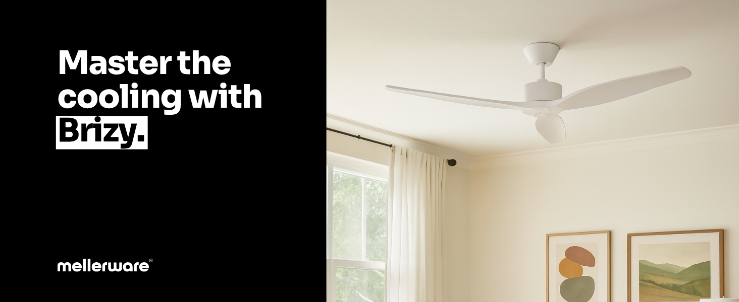Стеляний вентилятор Mellerware з пультом Brizy | 45 Вт | 6 швидкостей | тихий | літо/зима | таймер | 3 лопаті | діаметр 132 см | DC мотор | білий без світла