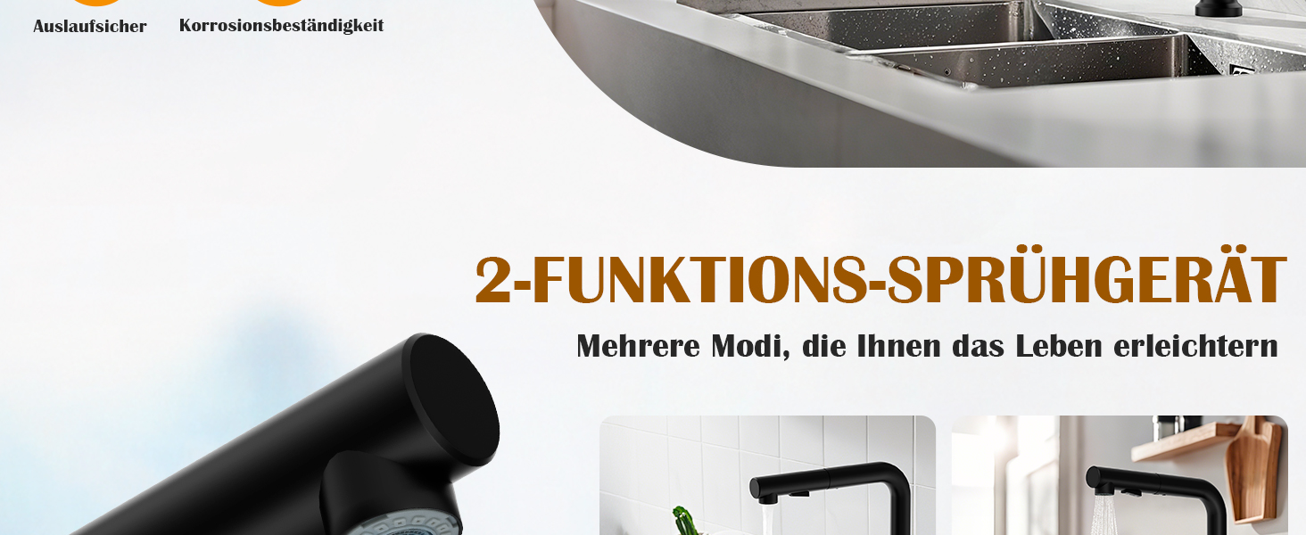 Змішувач кухонний водяний чорний, висувний з душем, 360° поворотний, 2 режими розпилення, для кухні, нержавіюча сталь