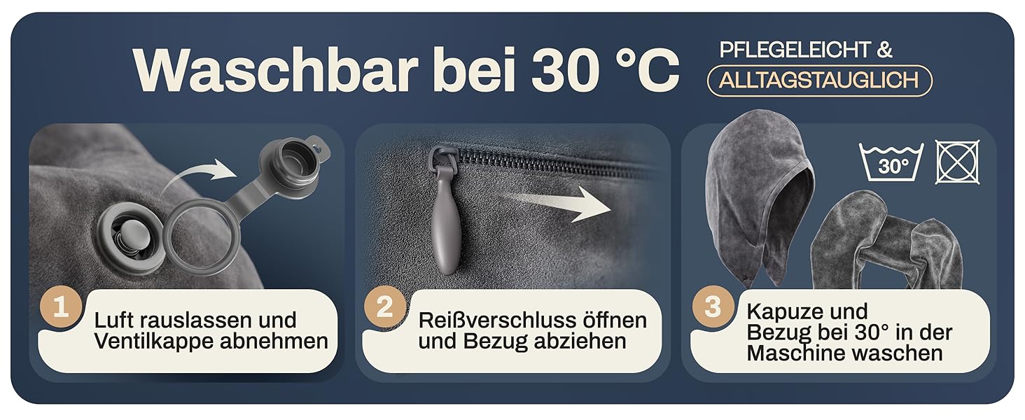 Подушка для шиї HELDENWERK® Air: 5 положень, швидка підкачка, регулювання тиску, знімний капюшон, для подорожей (літак, авто), темно-синій, великий розмір