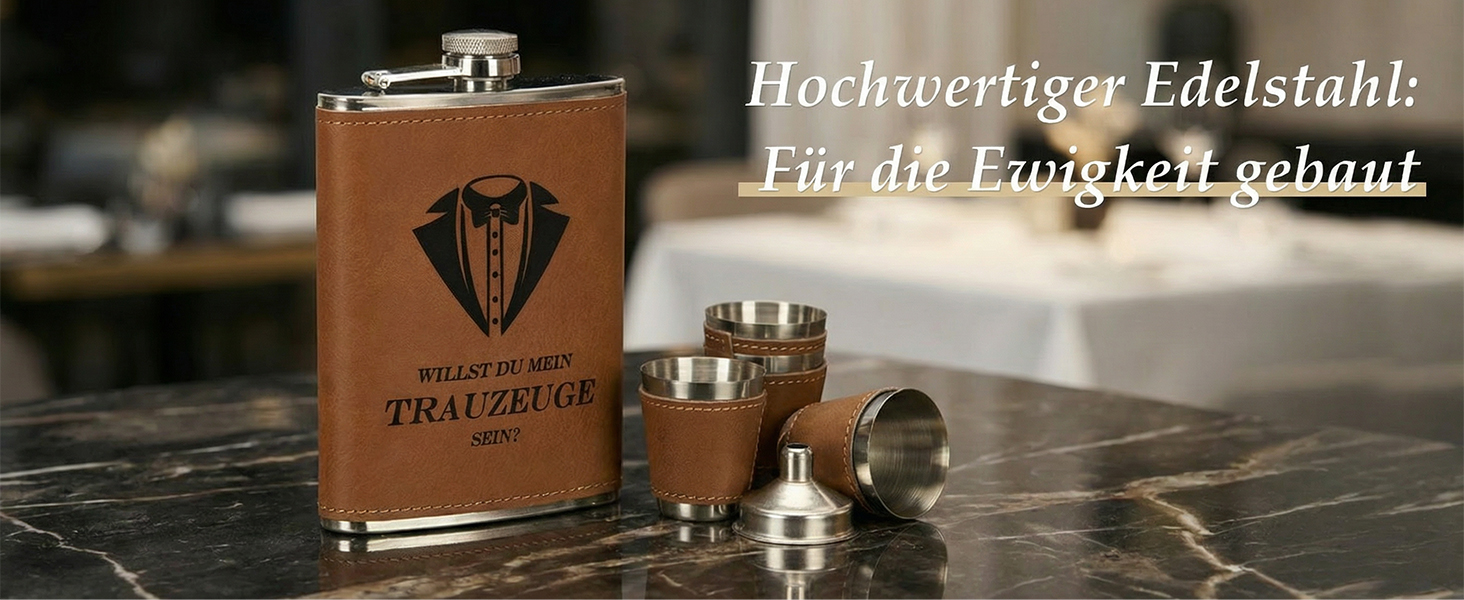 Персоналізований набір фляг 8oz з гравіюванням – фляга з нержавіючої сталі, 4 склянки, воронка та подарункова коробка для друзів нареченого/нареченої, подарунок на весілля для чоловіків та жінок (колір: коричневий)